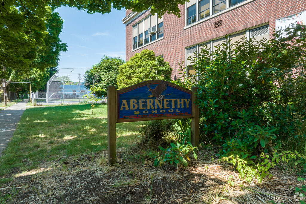 A wooden sign welcomes students to Abernethy Elementary School on SE Orange Ave in Portland.