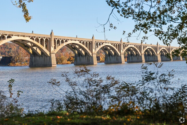 One can admire the beauty of the Veterans Memorial Bridge while walking insid Riverfront Park.