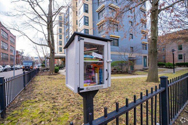Students can visit the little library outside Prospect Hill Academy Charter School in Cambridge