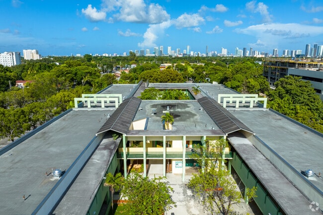 Overview of Maya Angelou Elementary School courtyard in Allapattah.