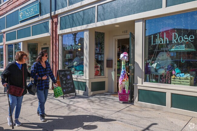 Smile and say hello to the rainbow giraffe that greets you outside Lilah Rose Toys near Melrose Highland.