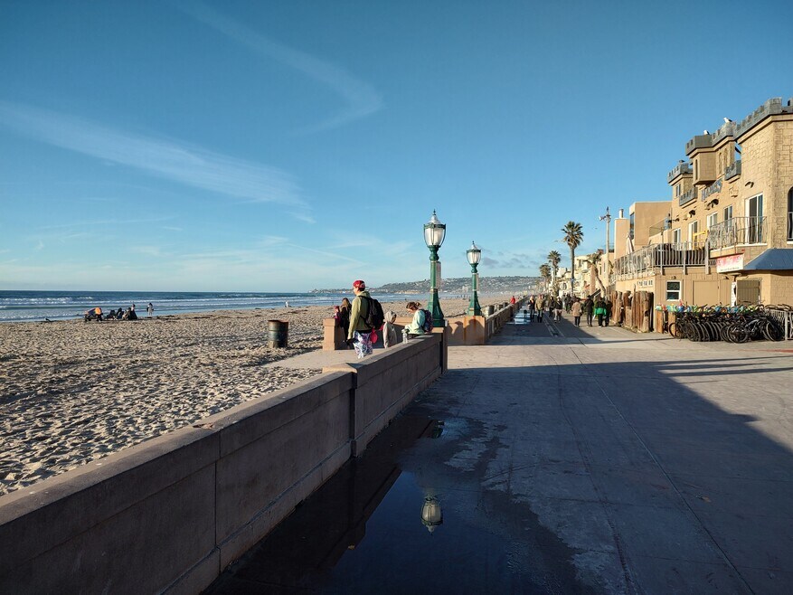 Mission Beach boardwalk block away, bike riding skateboarding rollerblading scooter riding etc