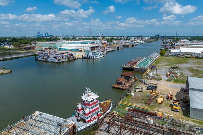 Boats sit along the Harvey Canal, running through the center of the Harvey neighborhood.