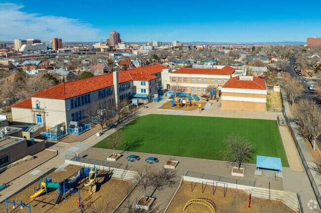 The artificial turf field and playground found at Eugene Field Elementary School.