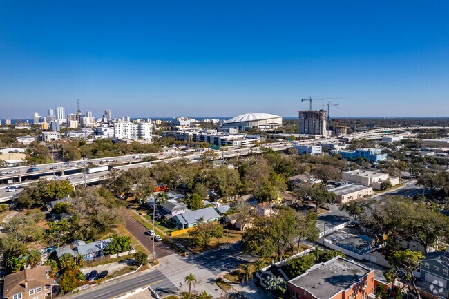 From the freeway driving through Fossil Park, views of downtown St. Petersburg can be seen.