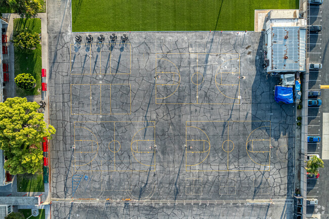 A top down view of the athletic courts at St. Linus Elementary School in Norwalk.