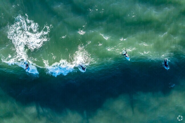 Surfers line up in the ocean hoping to catch the perfect wave in Central Newport Beach.