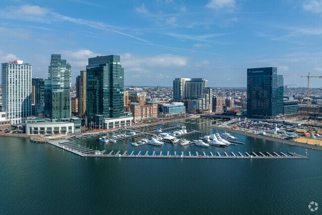 Inner Harbor marina in Downtown Baltimore is home to boats and waterfront living.