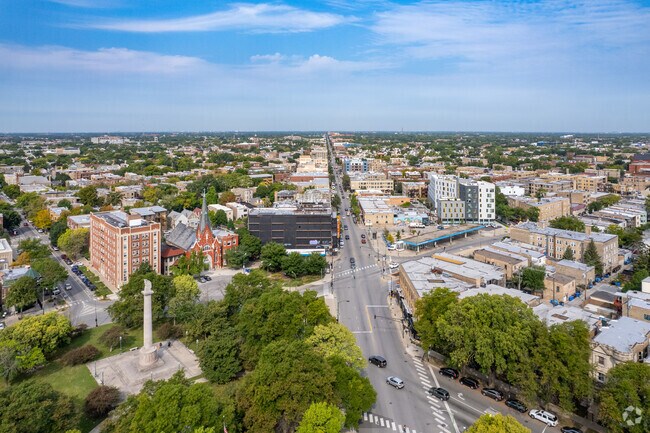 The intersection at Logan Boulevard and Milwaukee Avenue is a man thoroughfare in Logan Square.