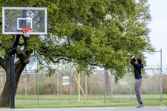 Anderson Park basketball court sits at the edge of the city and the edge of the water.