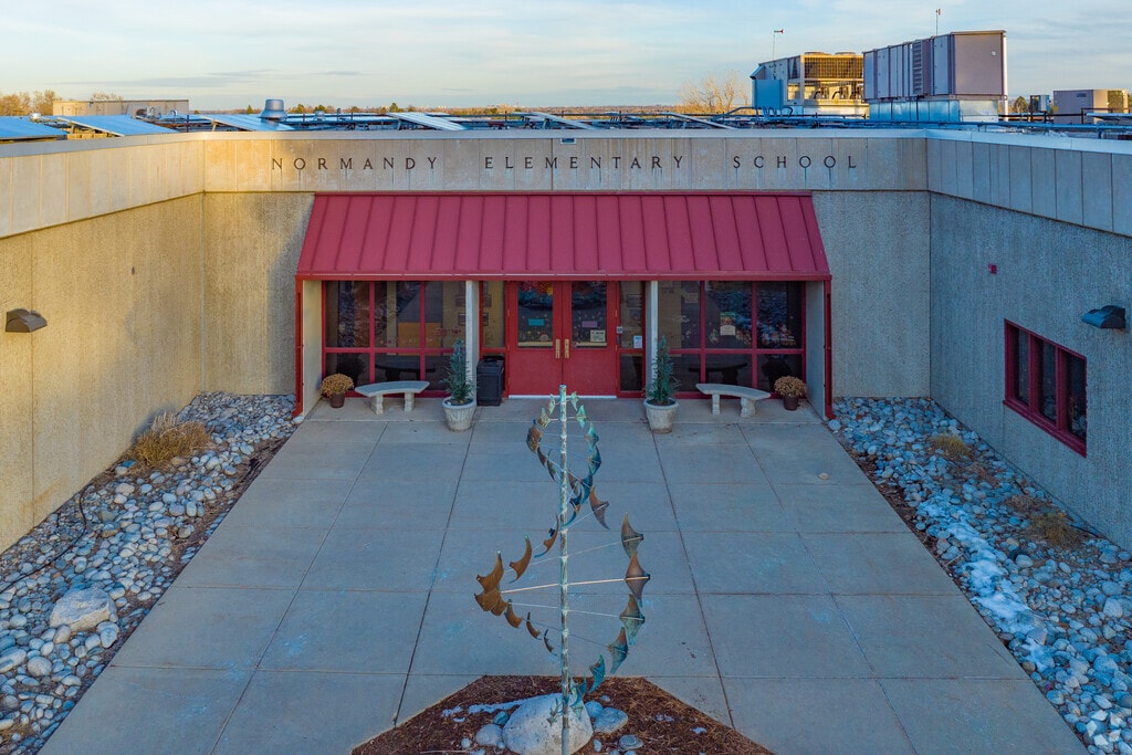 Normandy Elementary School entry on a winter afternoon.