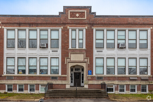 A grand entrance welcomes you to Hollis Elementary School in Braintree.