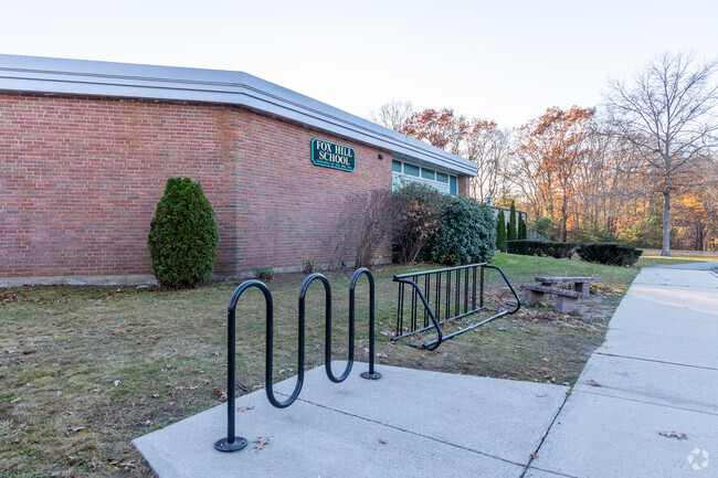Bike racks are available for students at the Fox Hill Elementary School in Burlington, MA.
