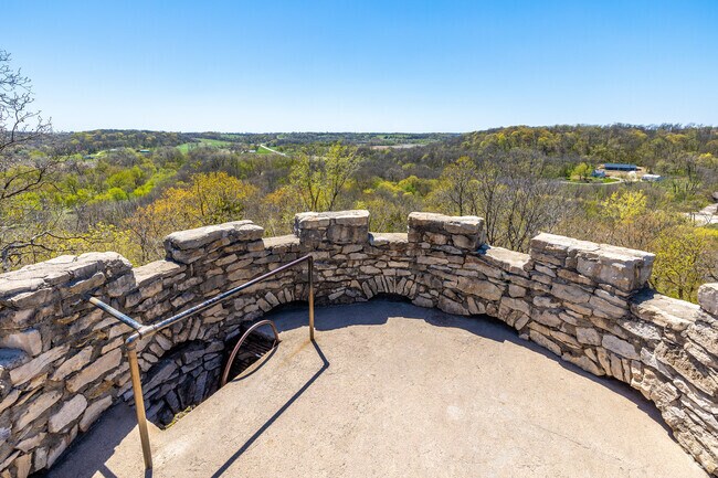 A view of the river valley and rolling hills south of Winterset await visitors willing to climb to the top of Clark Tower.