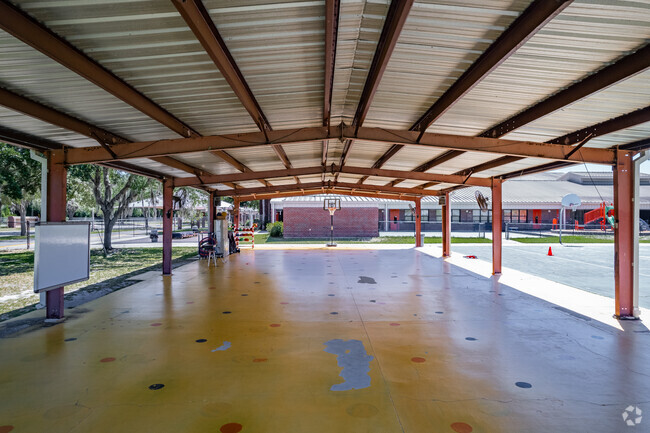 Kids enjoy recess under cover on hot day at Umatilla Elementary School.