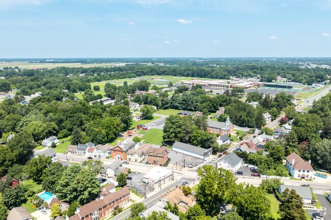 An aerial view of Main Street shows Camden’s blend of homes, shops and green space.