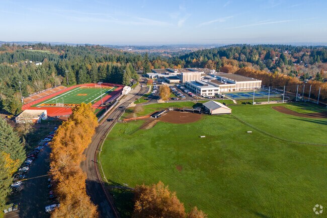 An elevated view of Sprague High School and field in Salem.