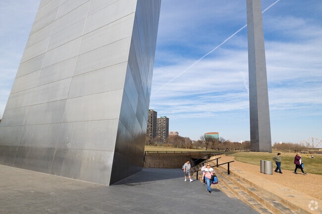 Gateway Arch rises east of Vandeventer as a symbol of St. Louis.