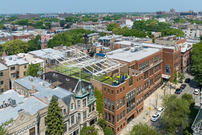 Aerial view of playground on the roof, St. Clement School Private Pre-K, Elementary, Chicago.