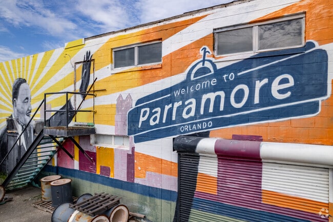 Colorful mural welcoming people to Parramore.