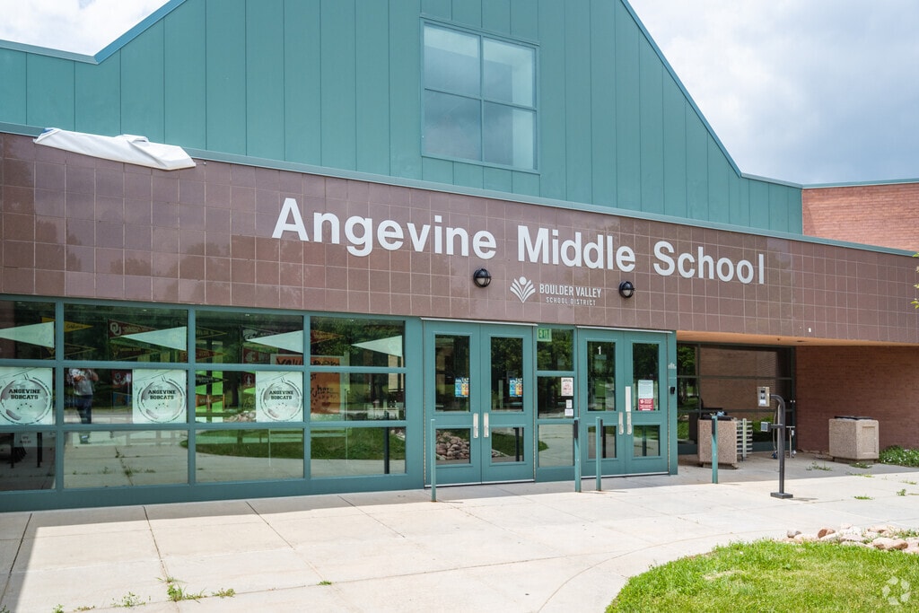 The front entrance at Angevine Middle School in Lafayette, Colorado.
