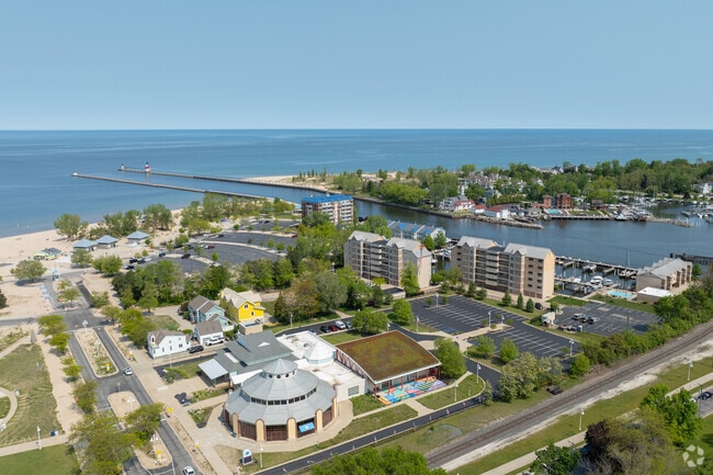 The meandering Saint Joseph River meets Lake Michigan in downtown Saint Joseph.