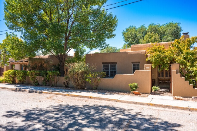 A row of Pueblo Revival homes located in the West Guadalupe Historic neighborhood.