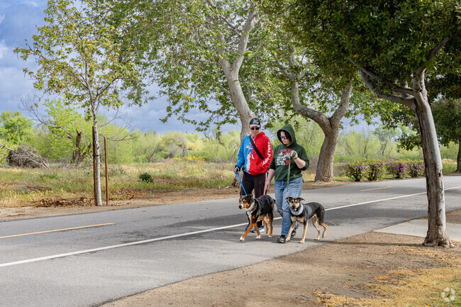 A Fairway Oaks couple walk their dogs along the trail surrounding the Park at River Walk.