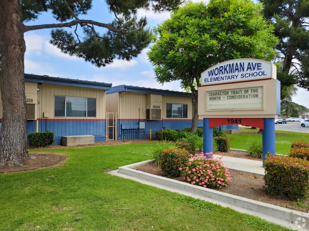 The entry sign for Workman Elementary School in the West Covina neighborhood.