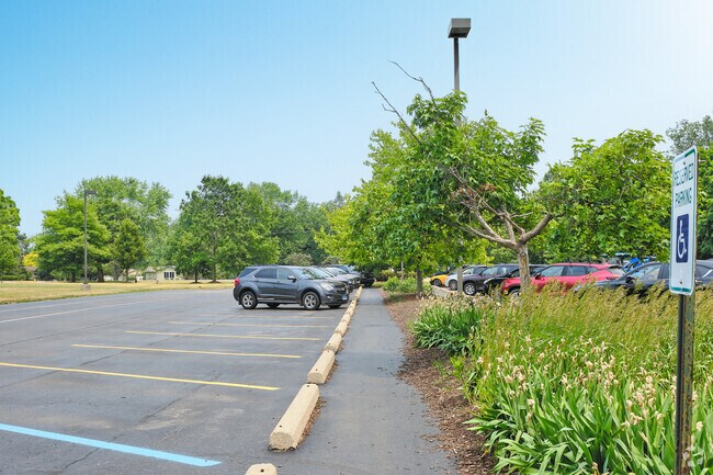 Daycroft School's lot features walkways between parking spaces for safer walks to the entrance.