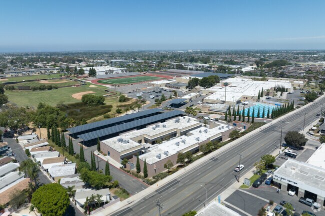An elevated look down at Coast High School in Huntington Beach.