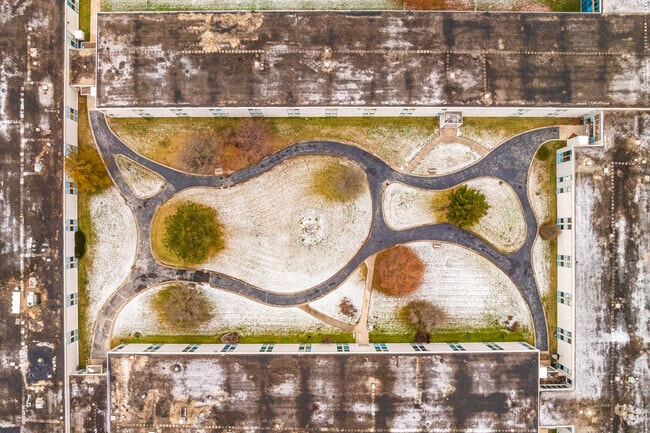 Thornridge High School has an outdoor space that is closed off by the building.