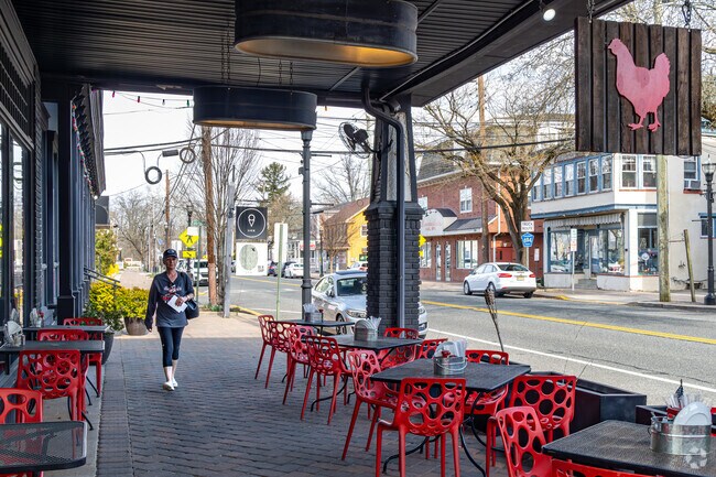 The Red Hen has fun indoor and outdoor seating in nearby Swedesboro.