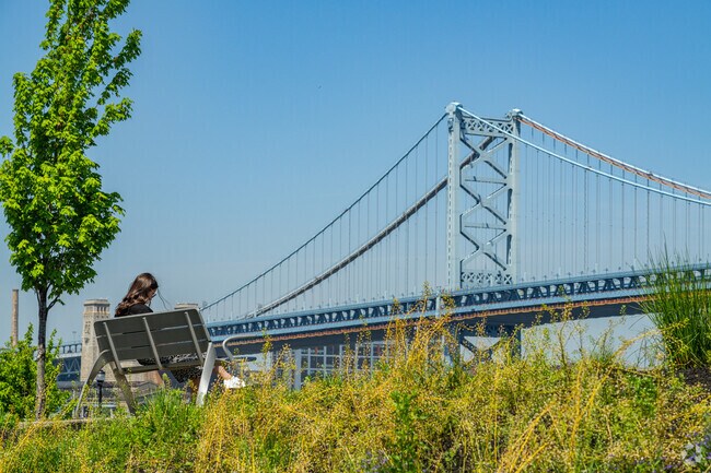 Take in views of the Ben Franklin Bridge near the waterfront, just outside of Cramer Hill.