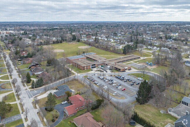 Aerial view of Hilltop Elementary School in Beechwood, OH.