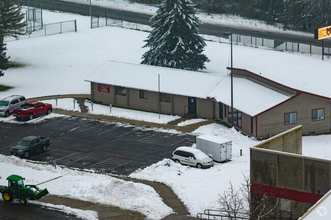 Newport High School features a portable classroom beside the school.