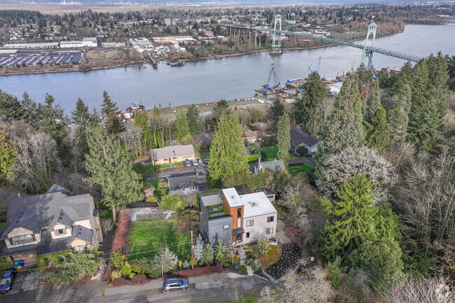 Large modernist mansions with views of the St. John's Bridge and the Willamette River in Linnton.
