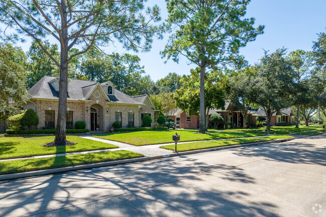 A row of homes sit under tall pine trees on the outskirts of Friendswood, southeast of Houston.