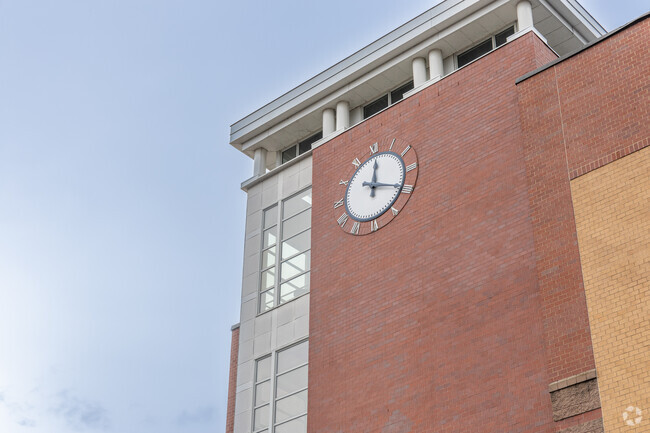 The unique clock tower on the Parthum Educational Complex in Lawrence, MA.