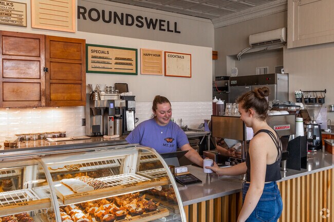 Stop by for coffee and a delectable bakery treat at Groundswell Coffee.