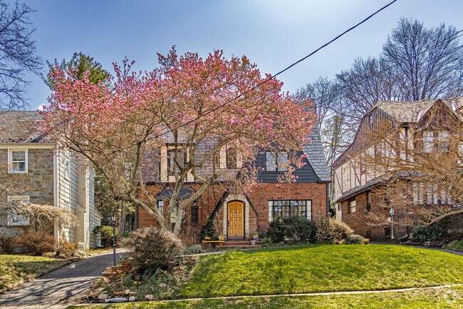 Vibrant blooming trees and storybook homes weave nature and architecture together into a picturesque neighborhood.