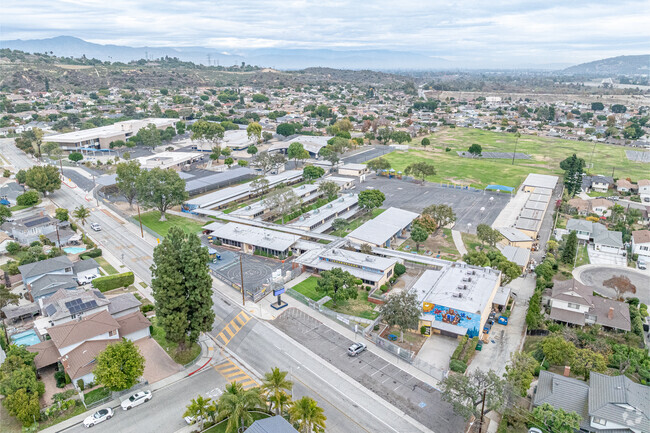 Aerial view of the entire campus of La Merced Academy, elementary school in Montebello