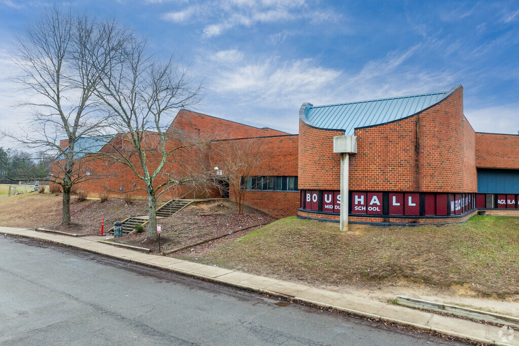 A view of the entrance to Thomas C. Boushall Middle School.