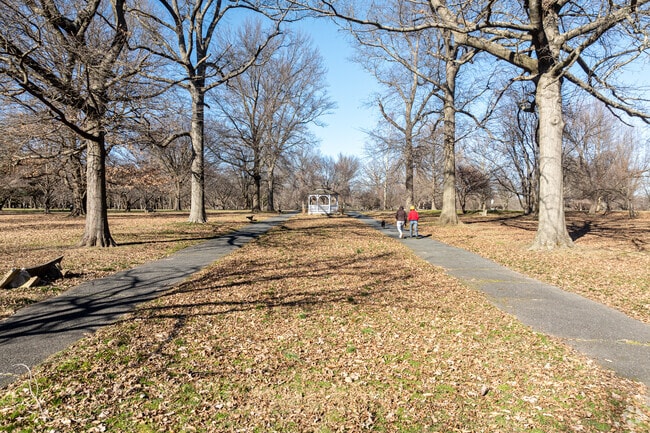 Two men and a dog make their way down a path in Fairmount Park in West Parkside.