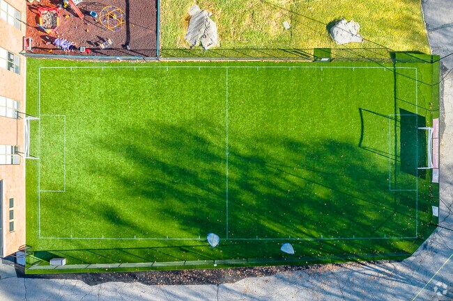 An aerial view of the soccer field at St. John the Evangelist School in Canton, MA.