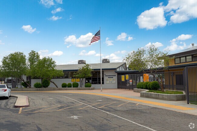 The flag flies high at Fremont Elementary School.