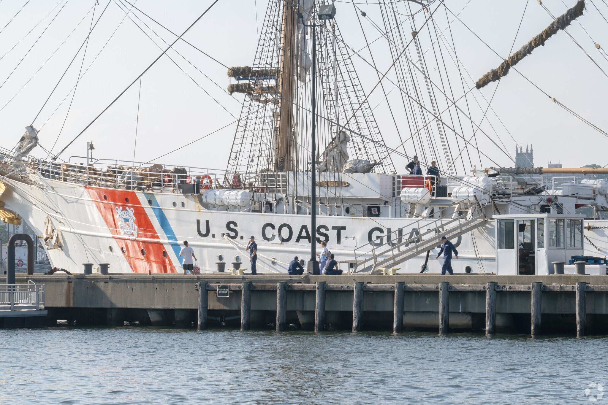 The Coast Guard has a big presence in New London, and by the Willetts neighborhood a ship docks.