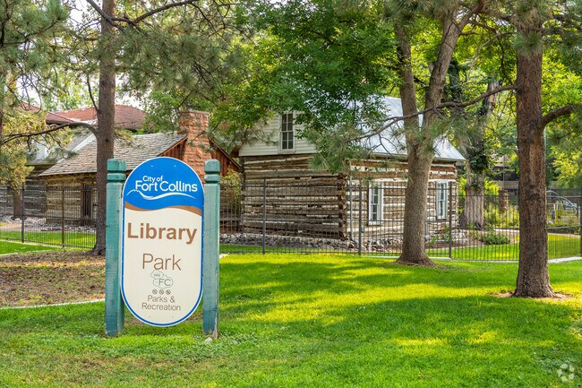Library Park features historical cabins.