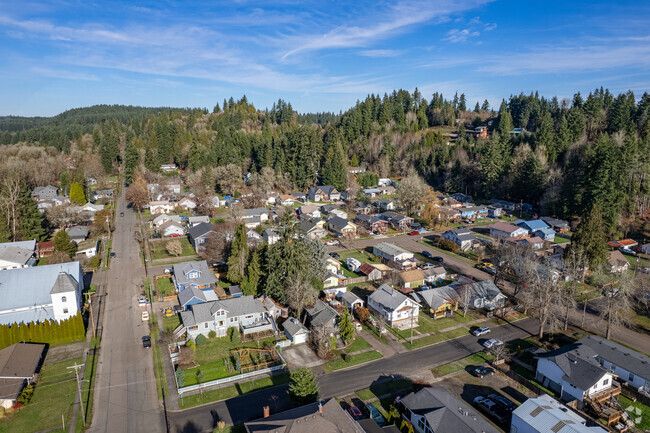 Evergreen trees line the streets of Vernonia.