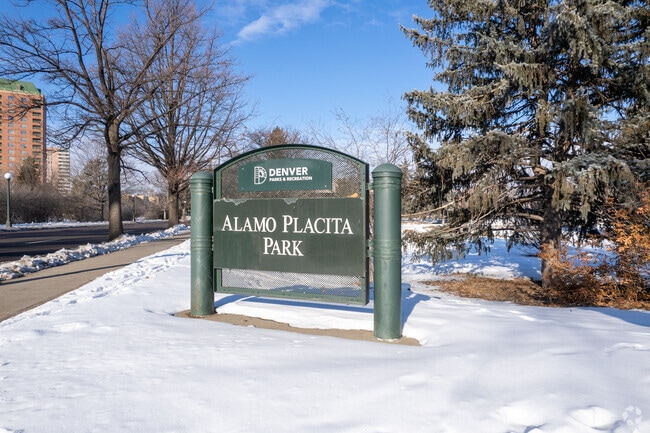 The Alamo Placita Park sign welcomes visitors to the local community park.